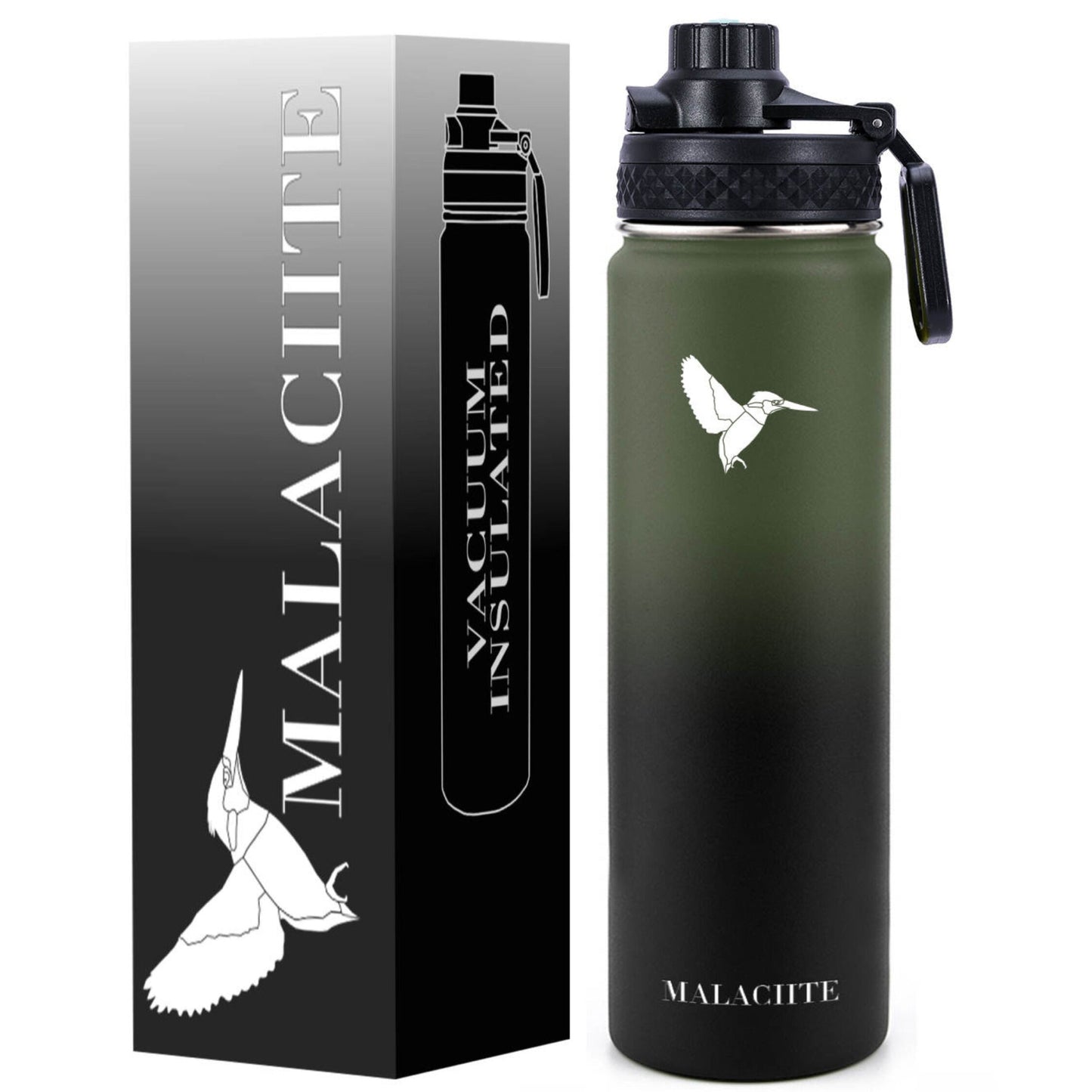MALACIITE 22 oz Insulated Water Bottle (Green) - Stainless Steel Water Bottles - Water Bottles for School - Metal Water Bottles - Thermos Kids Water Bottle for School - Thermos Water Bottle
